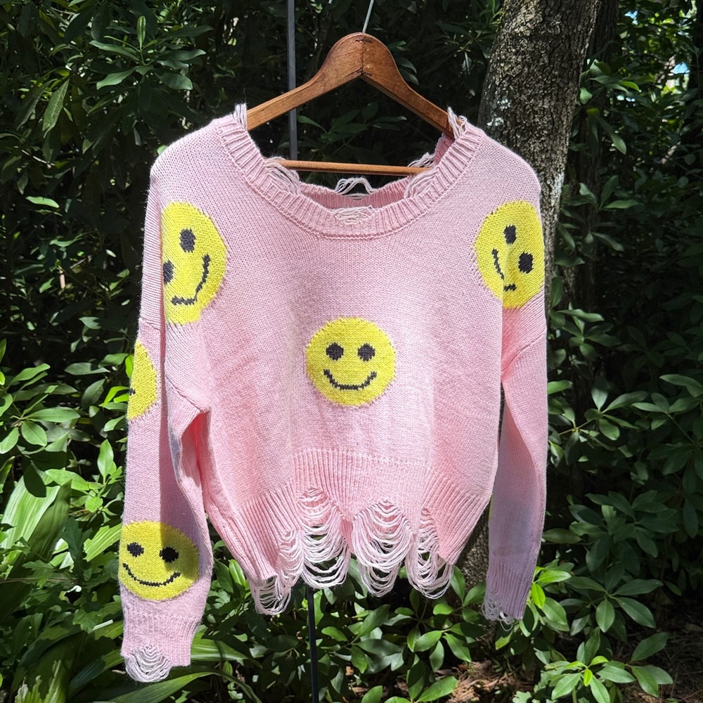 Playful Pink Smiley Face Sweater